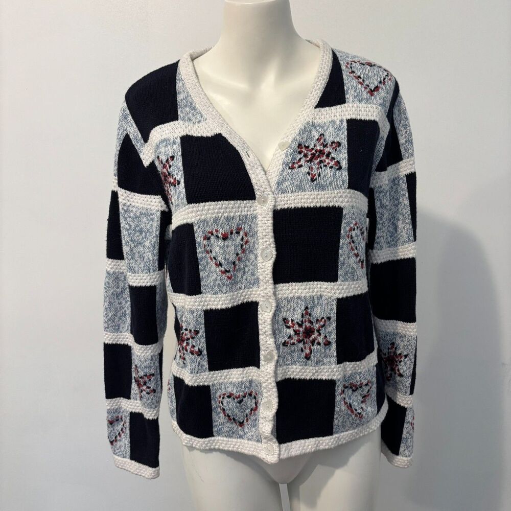 Christopher & Banks Medium Hand Embroidered Checker Print Knit Grandma Cardigan